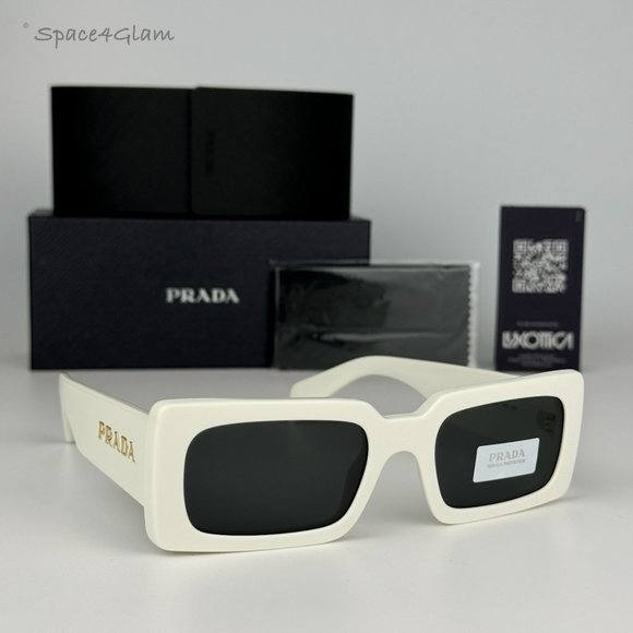 NEW Prada PR A07S 1425S0 Talc White Dark Grey Rectangle Unisex Sunglasses - Picture 3 of 9